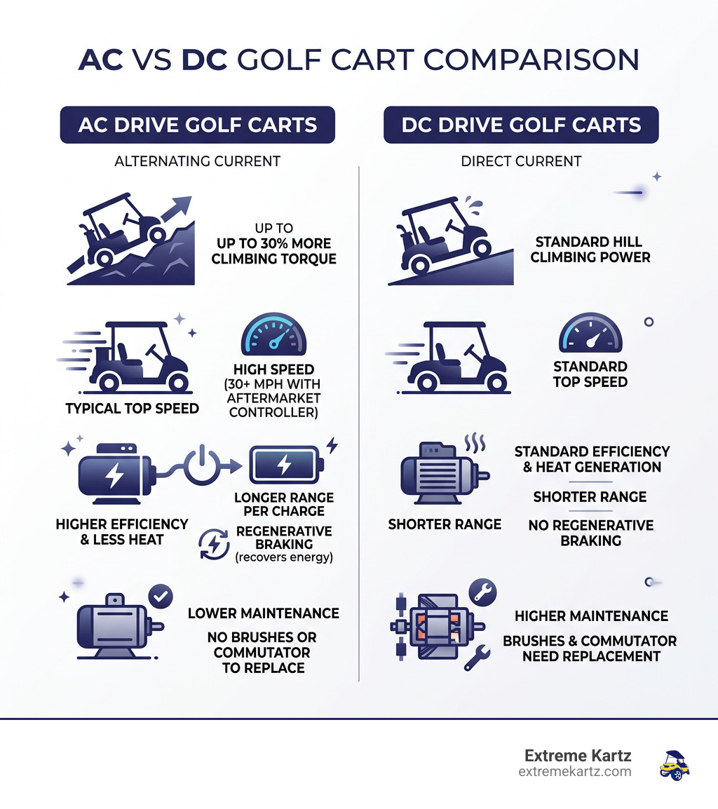 AC vs DC golf cart comparison infographic showing torque, speed, efficiency, and maintenance differences - AC drive golf
