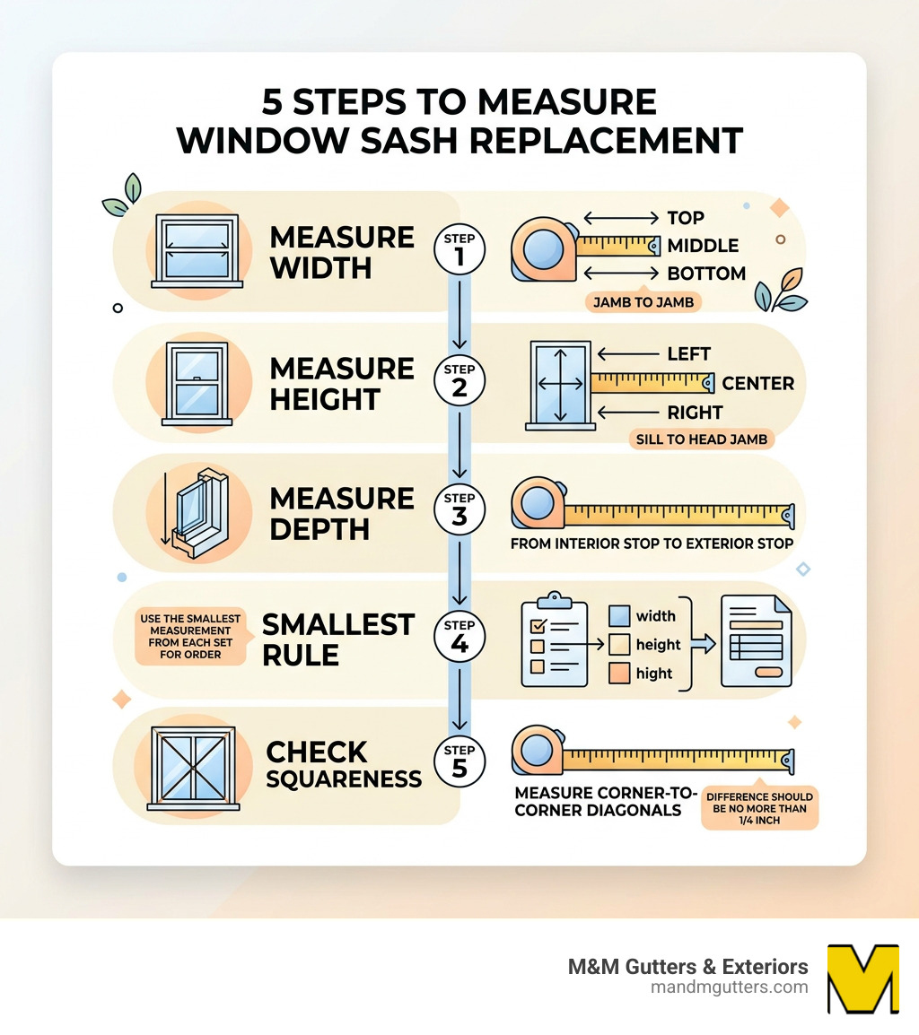 infographic showing 5 steps to measure window sash replacement with width, height, depth, smallest rule, and squareness infographic showing 5 steps to measure window sash replacement with width, height, depth, smallest rule, and squareness