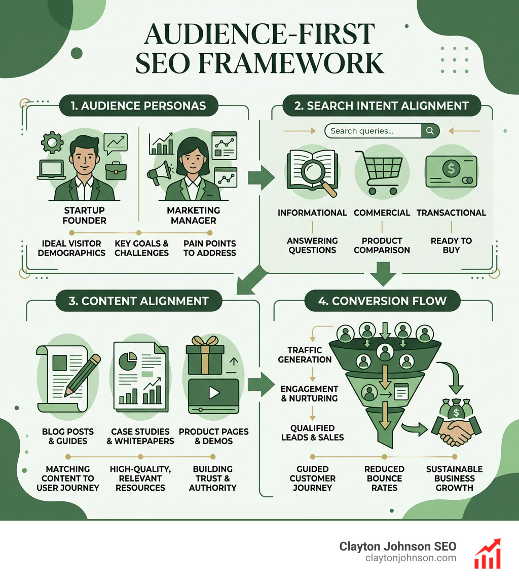 Audience-first SEO framework infographic showing personas, search intent, content alignment, and conversion flow - SEO