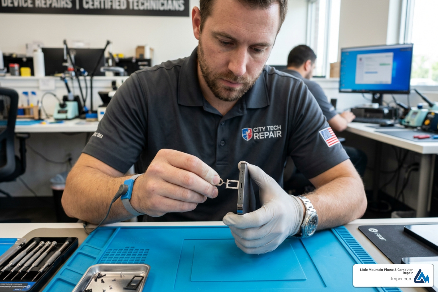 Photo of a technician carefully removing an iPhone SIM tray to allow for airflow - iPhone water damage