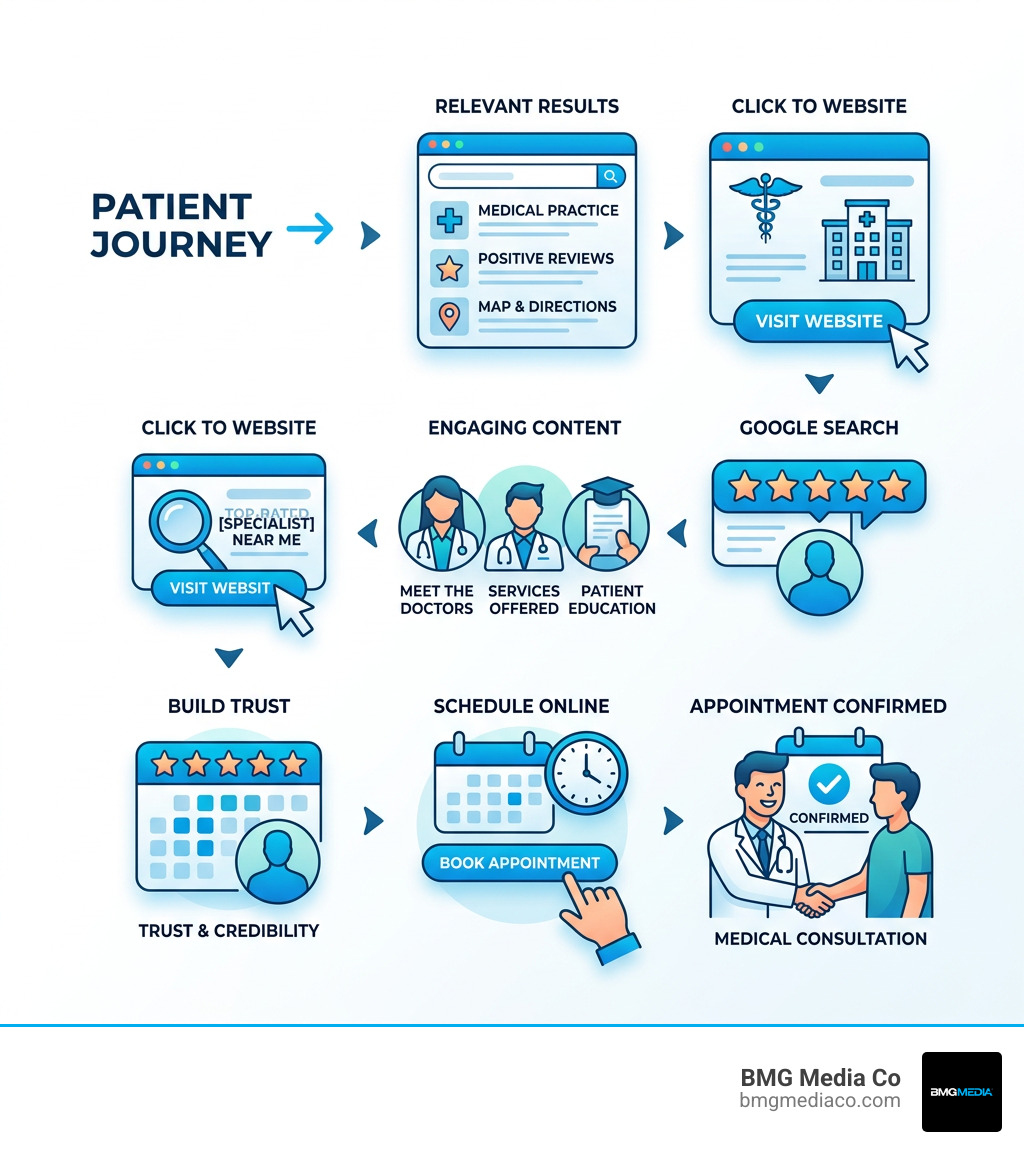 Patient journey from Google search to booked medical appointment infographic - wordpress sites for doctors infographic 