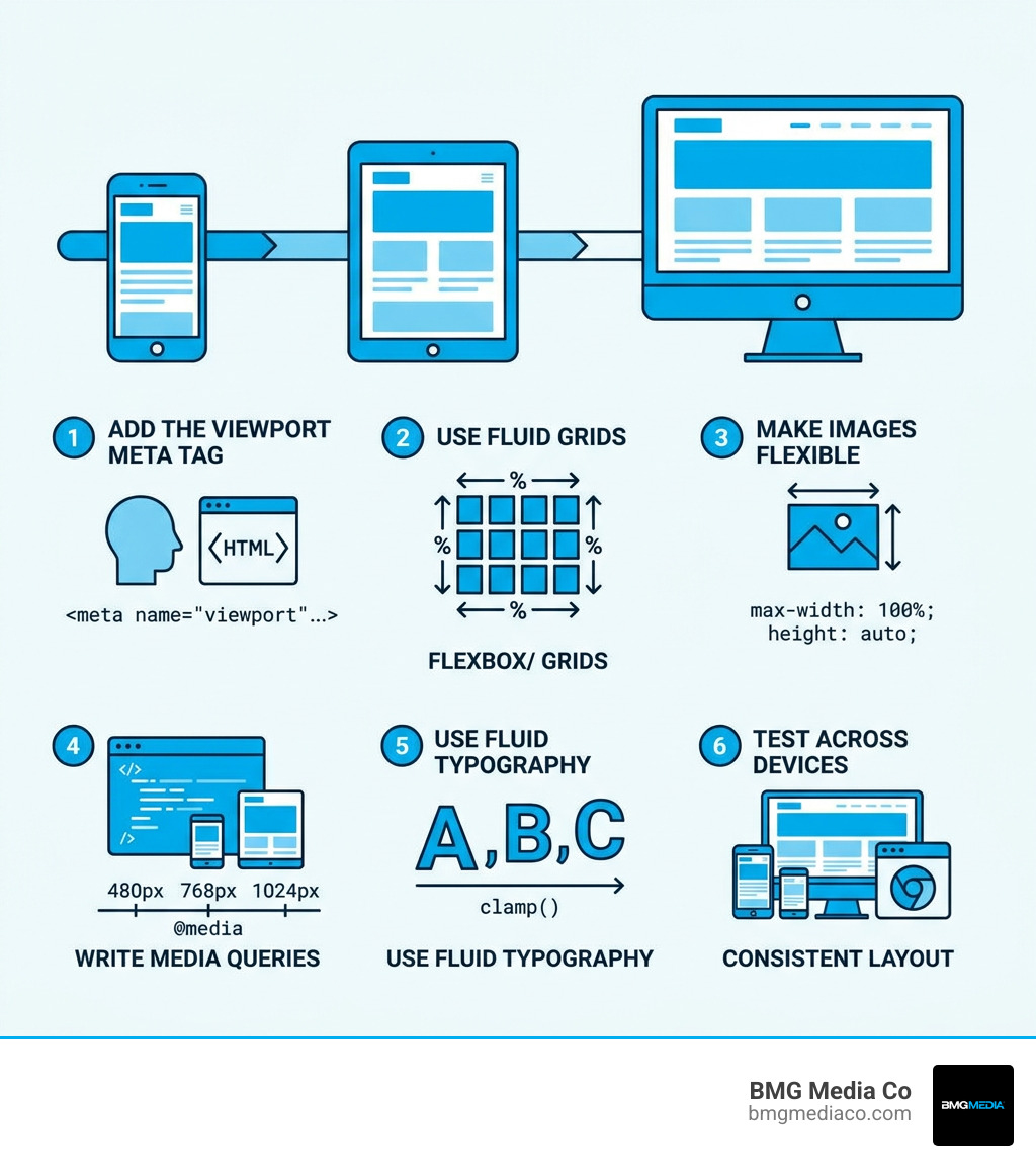 Infographic showing responsive design flow from mobile to tablet to desktop with key implementation steps - custom
