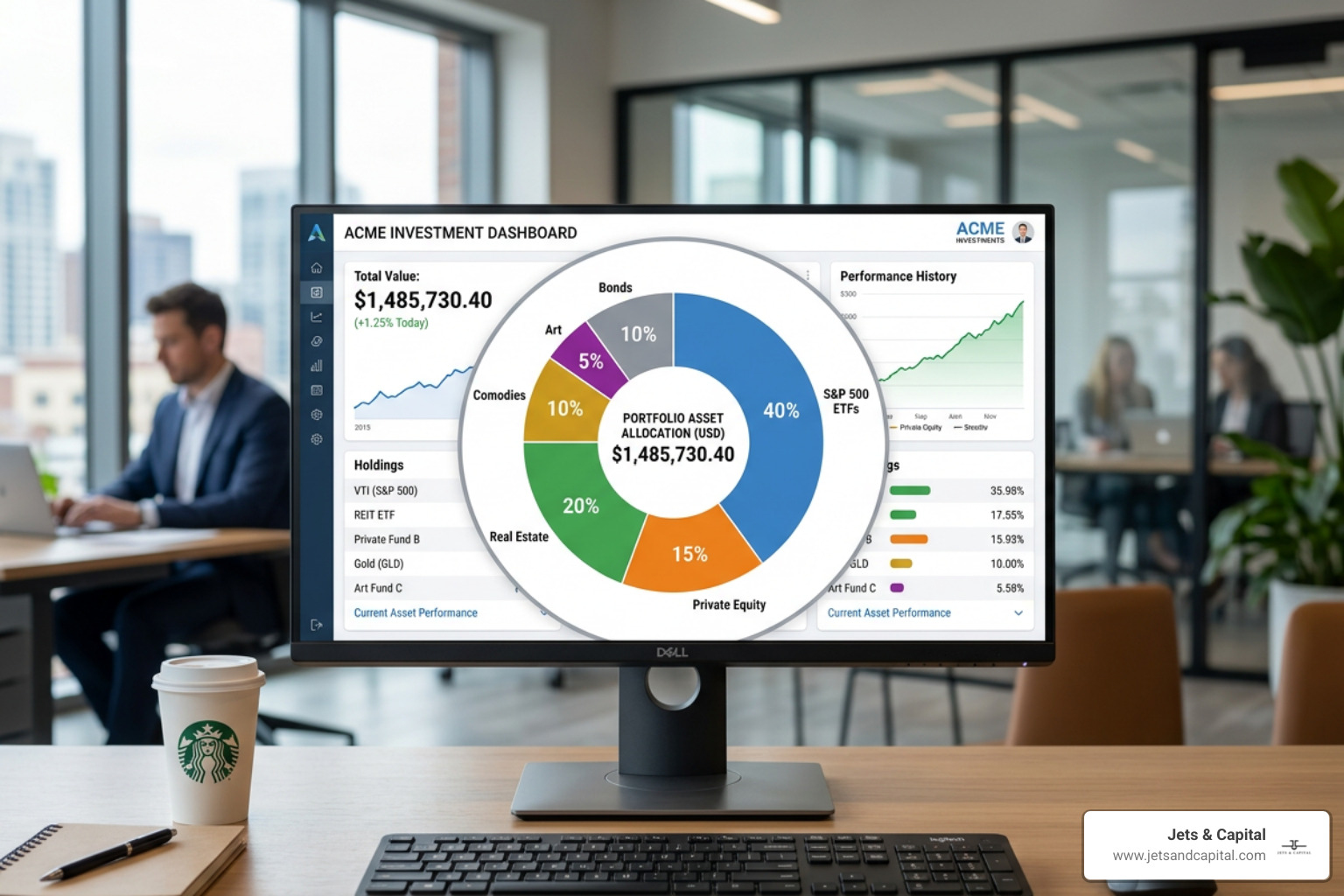 A balanced investment dashboard showing a mix of traditional stocks and various alternative asset classes for
