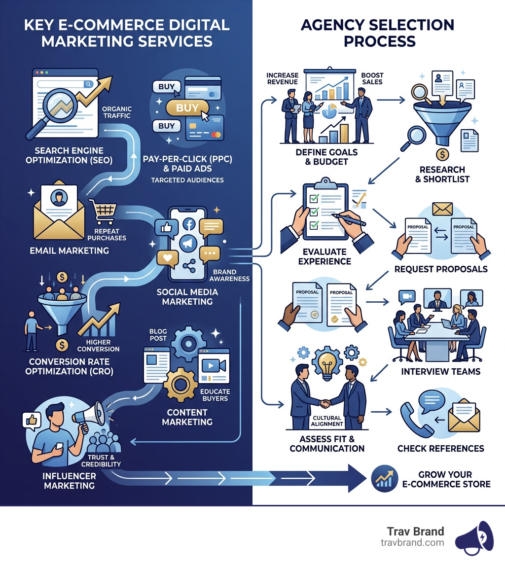 Infographic showing key e-commerce digital marketing services and the agency selection process - E-commerce digital Infographic showing key e-commerce digital marketing services and the agency selection process - E-commerce digital
