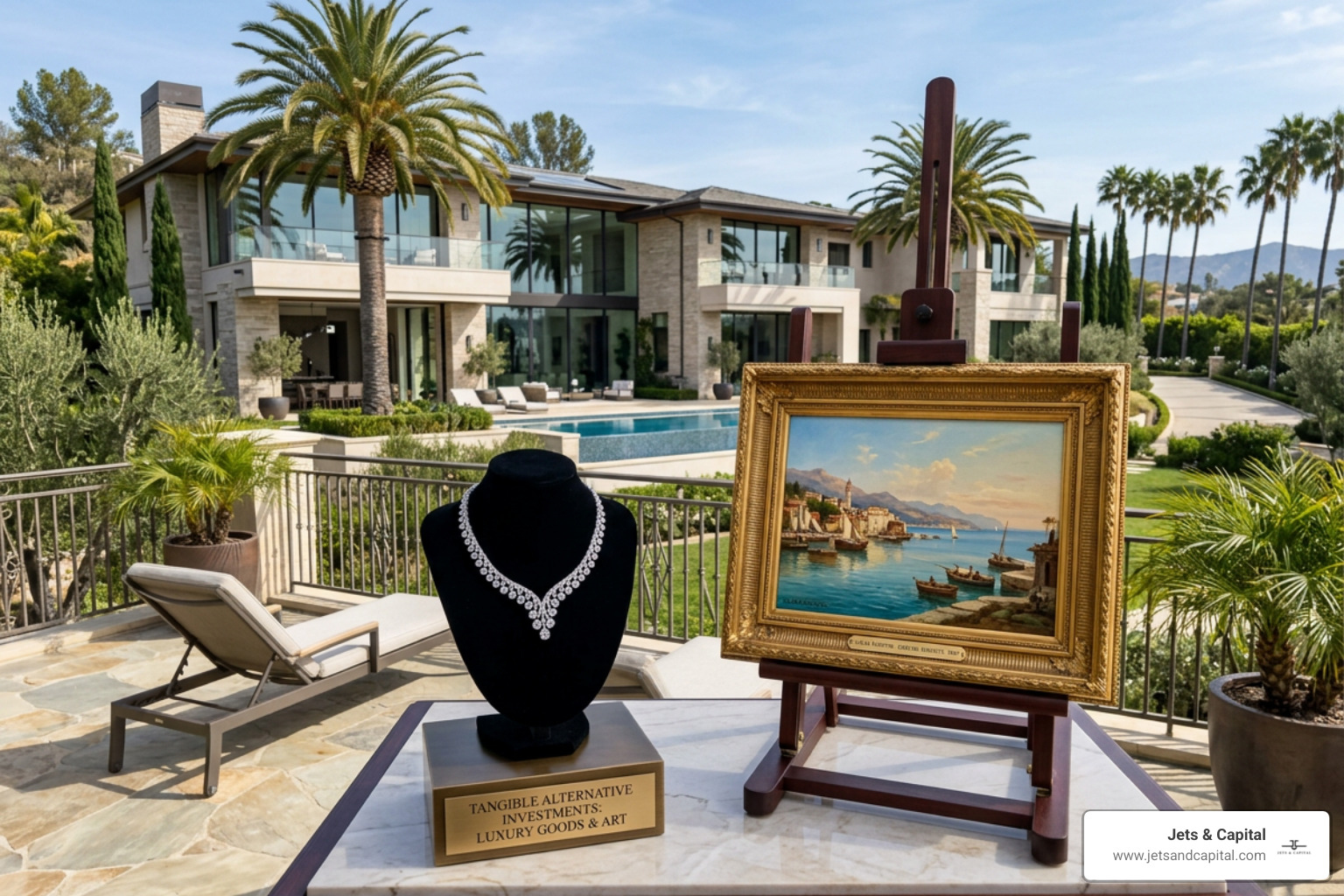 Luxury collectibles, fine art, and high-end real estate representing the tangible side of alternative investments