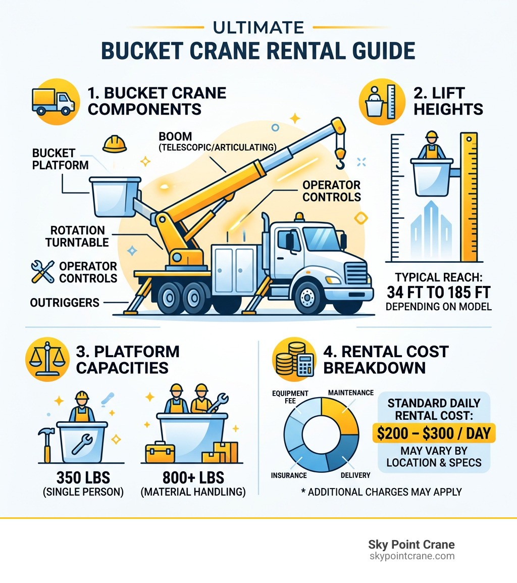 Infographic showing bucket crane components, lift heights, platform capacities, and rental cost breakdown - bucket crane