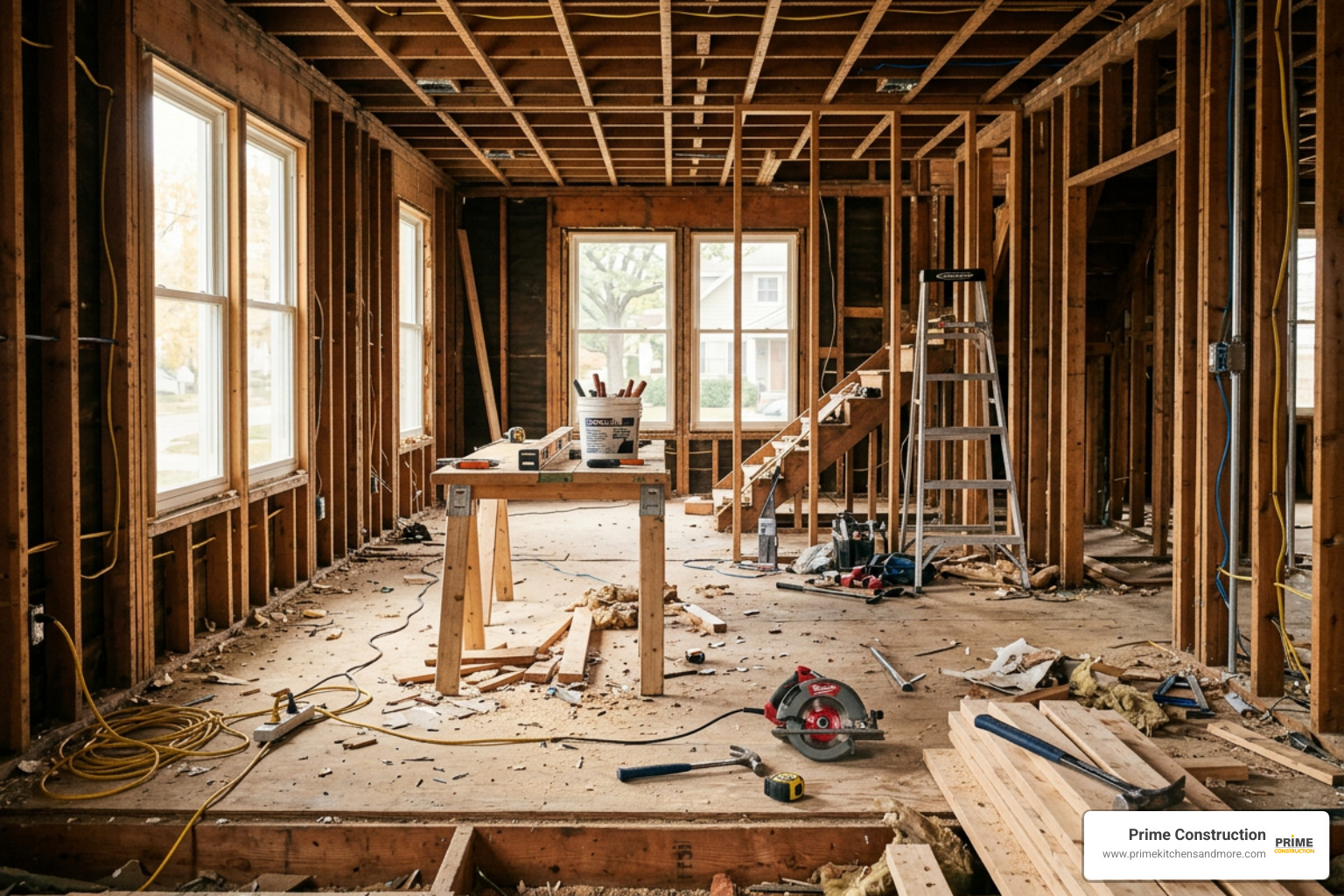 A house stripped to the studs during a gut renovation - full home renovations