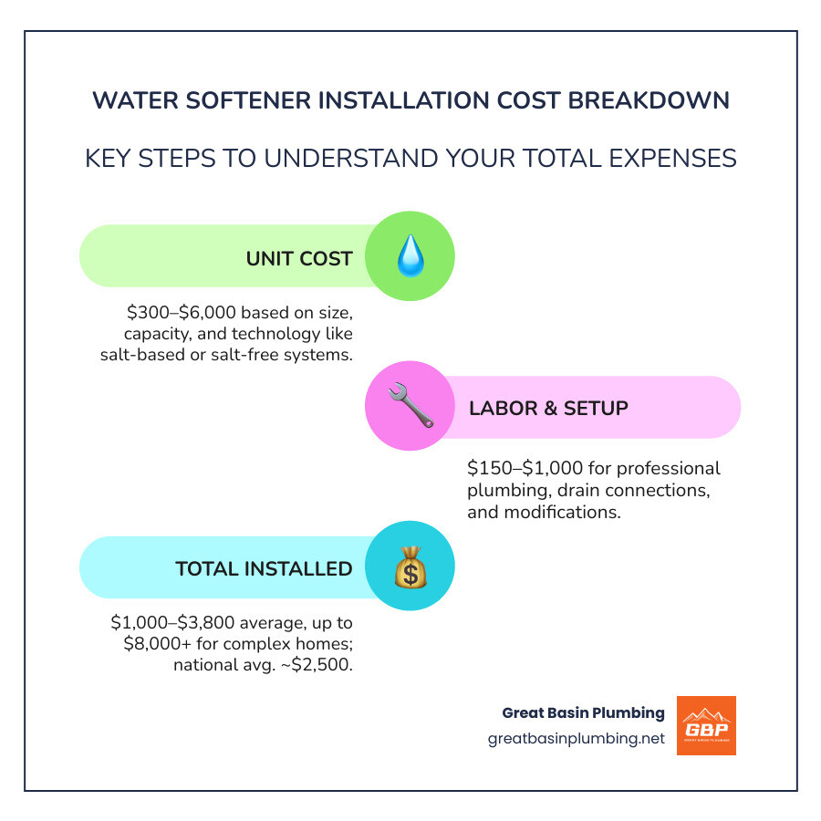 Infographic showing water softener installation cost breakdown by system type, labor, and ongoing maintenance - water Infographic showing water softener installation cost breakdown by system type, labor, and ongoing maintenance - water