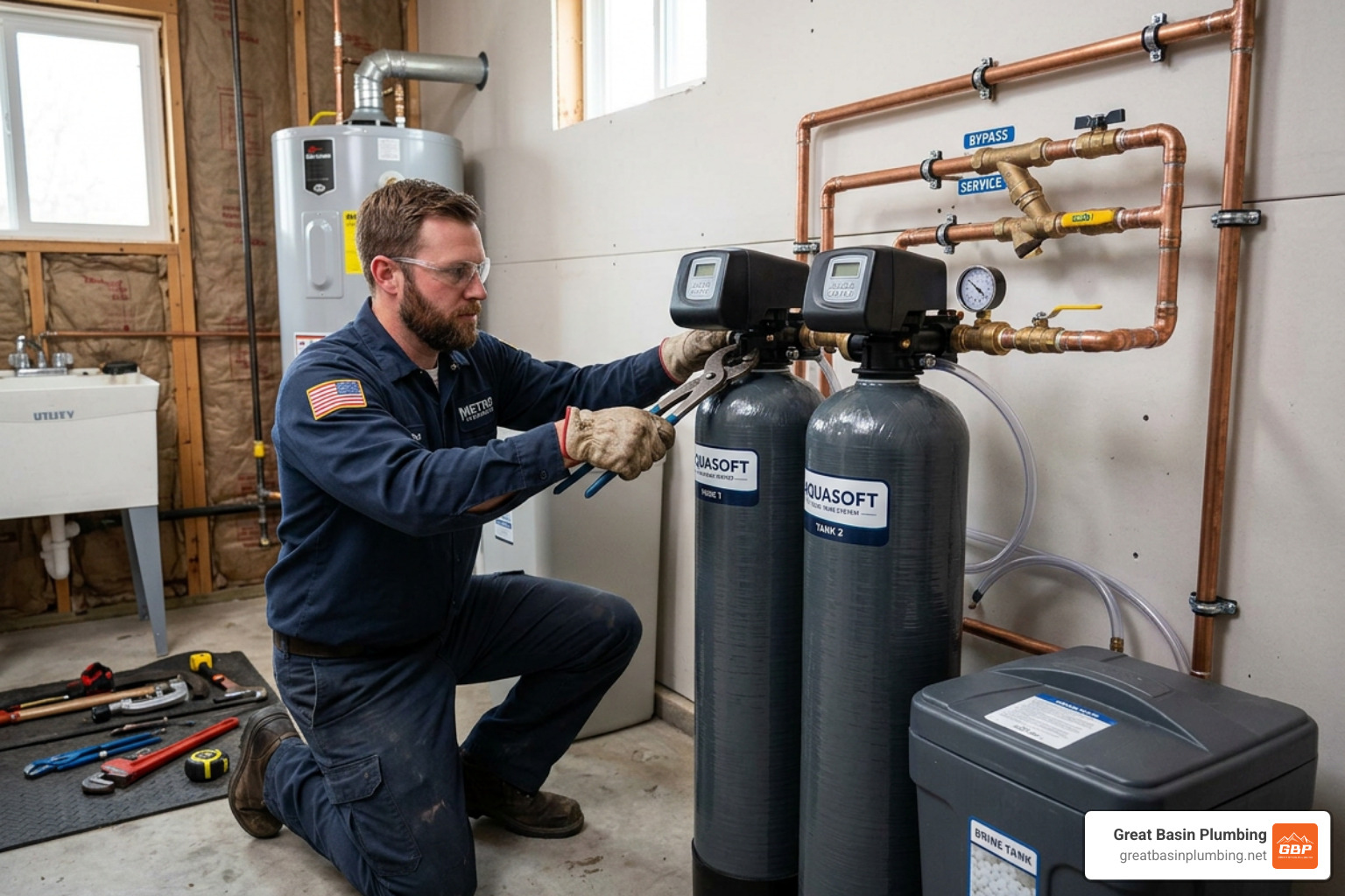 Professional plumber connecting water lines to a new dual-tank water softener system - water softener installation cost Professional plumber connecting water lines to a new dual-tank water softener system - water softener installation cost
