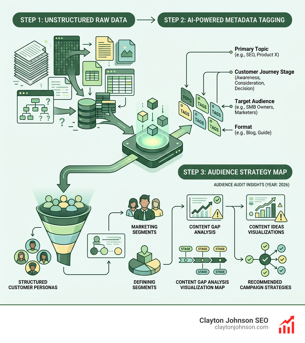 Step-by-step guide showing the transition from raw data to AI-tagged metadata to a final audience strategy map - ai