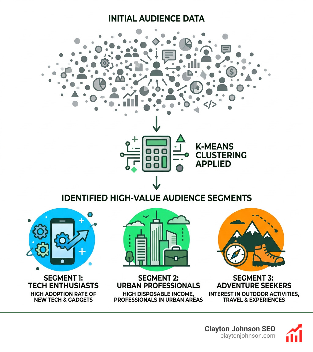Infographic showing K-Means clustering identifying three distinct, high-value audience segments from a cloud of data points