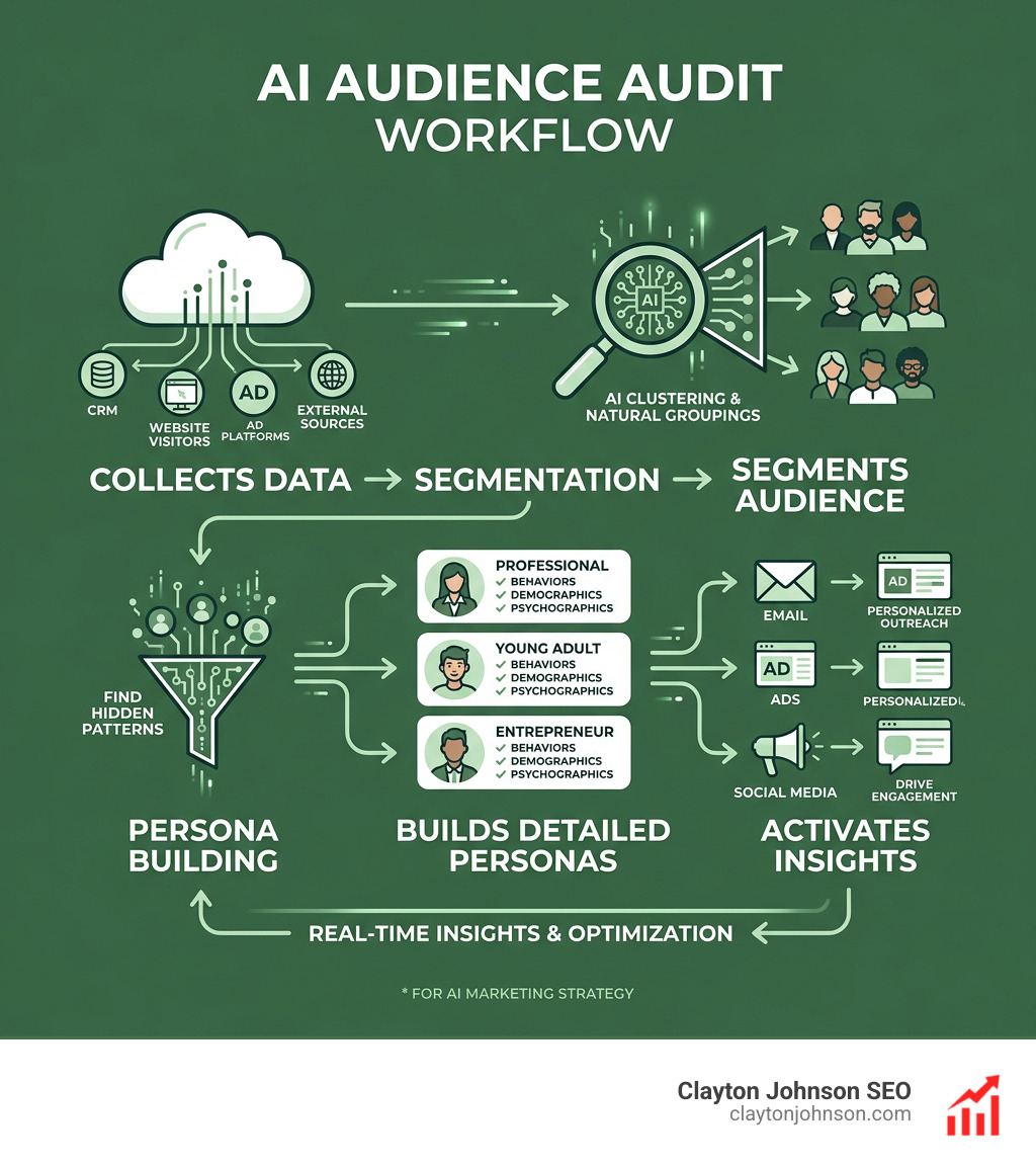 AI audience audit workflow showing data collection, segmentation, persona building, and activation steps - ai marketing