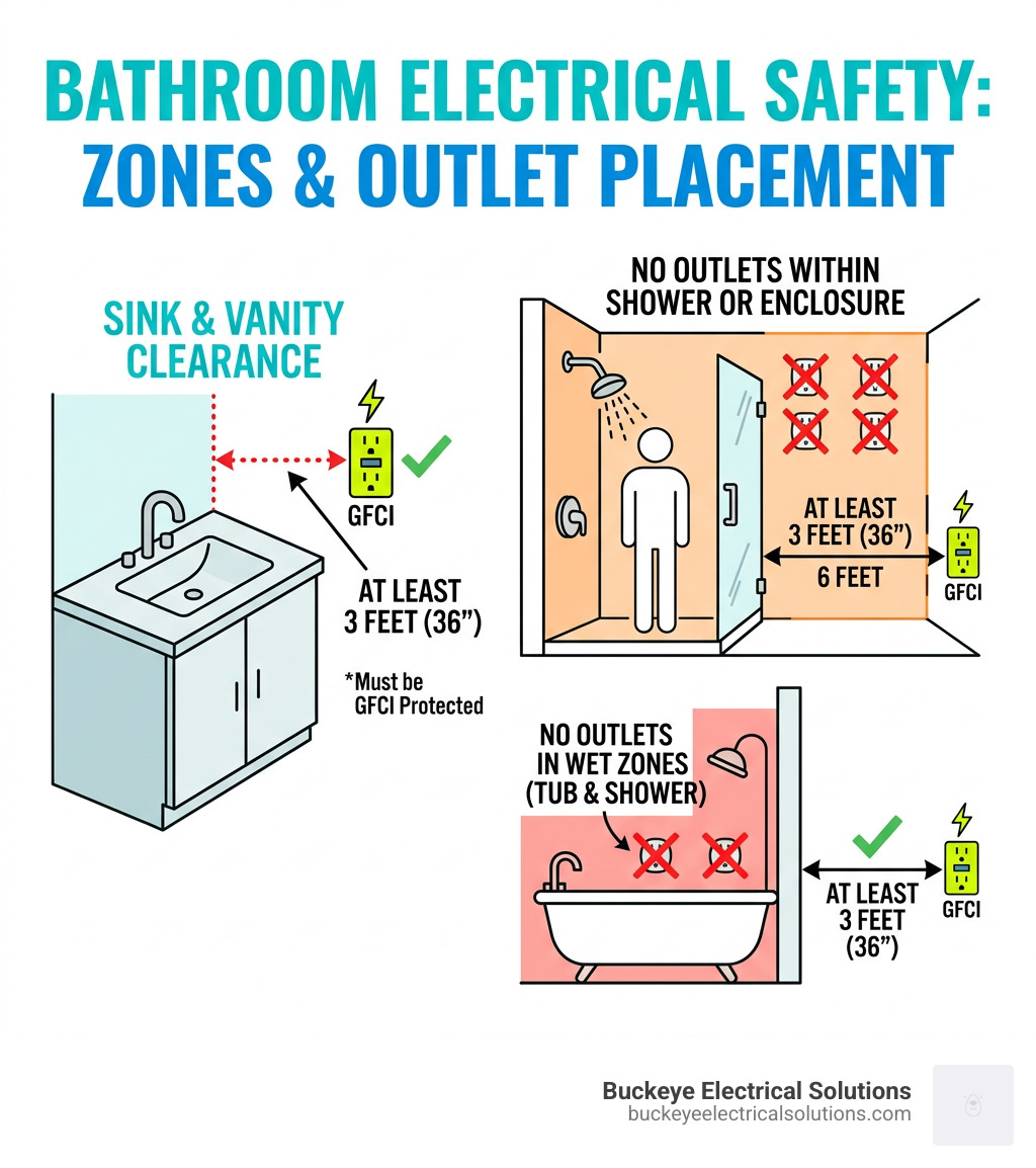 bathroom electrical zones and clearance requirements for outlets near sinks, tubs, and showers - add outlet to bathroom