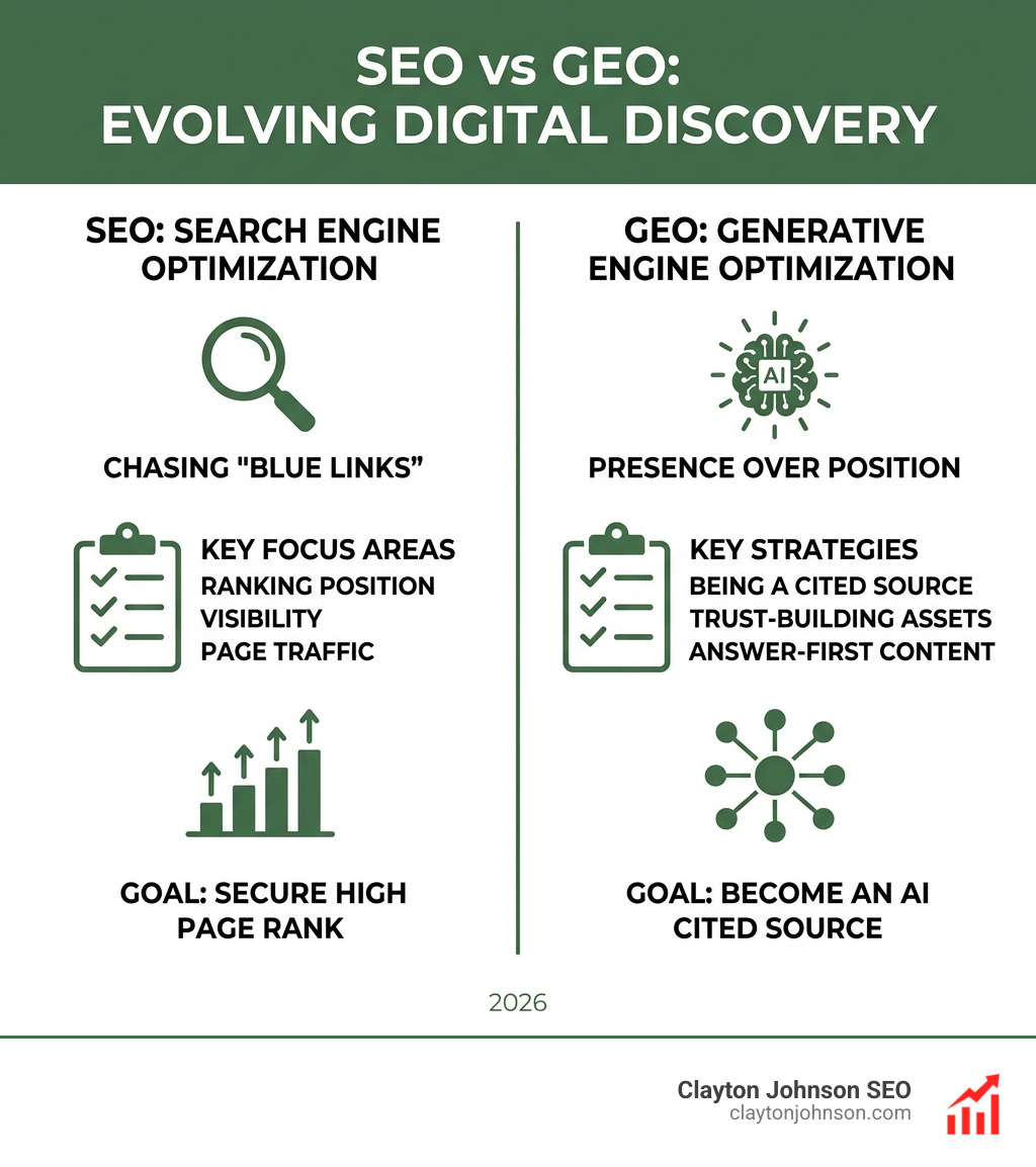 SEO vs GEO comparison infographic - actionable growth playbooks for senior marketers infographic 