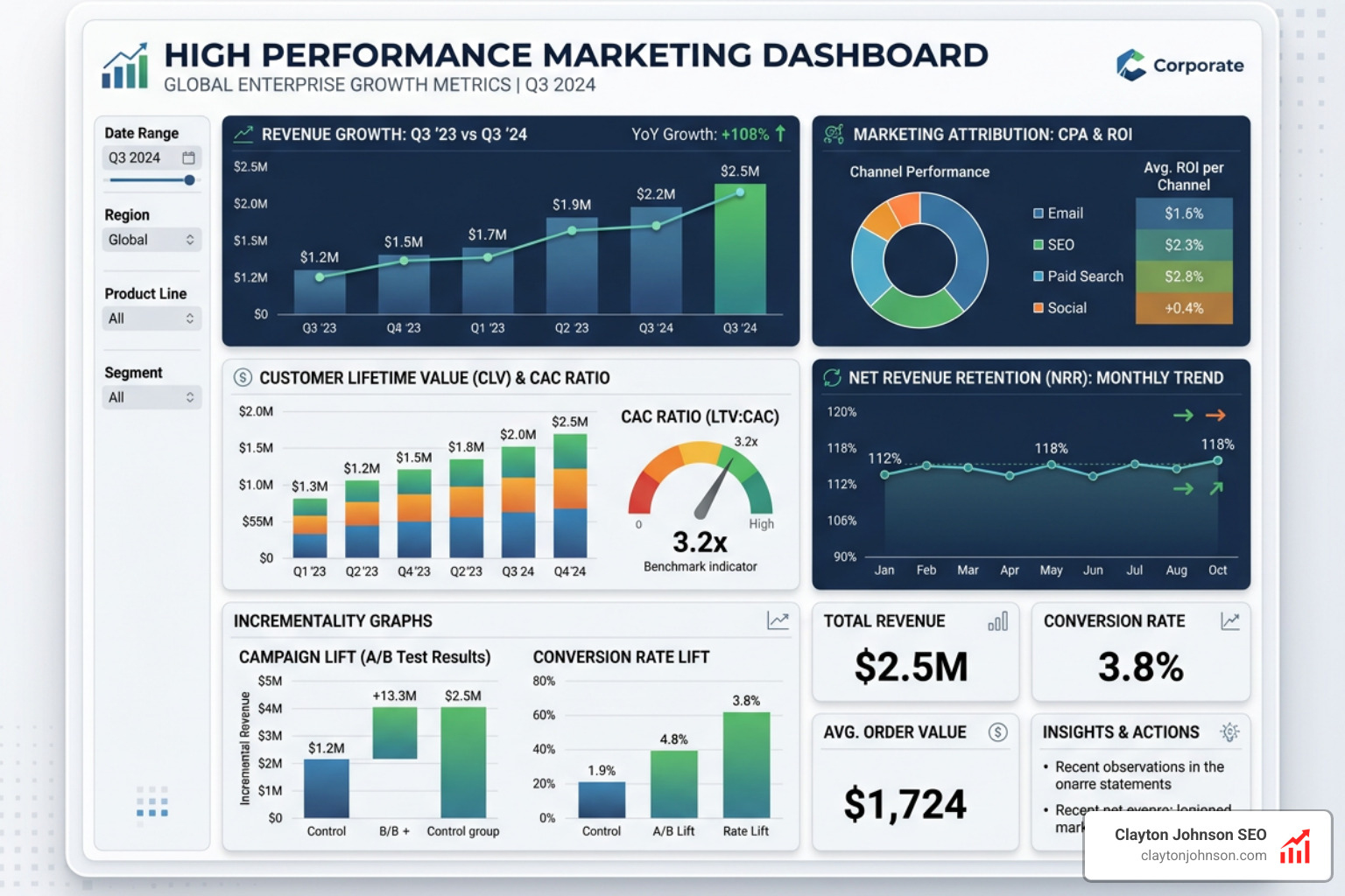 high performance marketing dashboard showing growth metrics - actionable growth playbooks for senior marketers