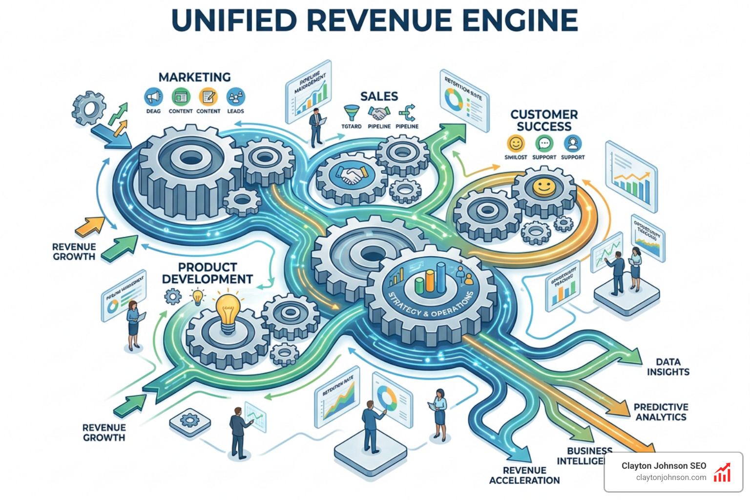 unified revenue engine with moving gears and data streams - actionable growth playbooks for senior marketers