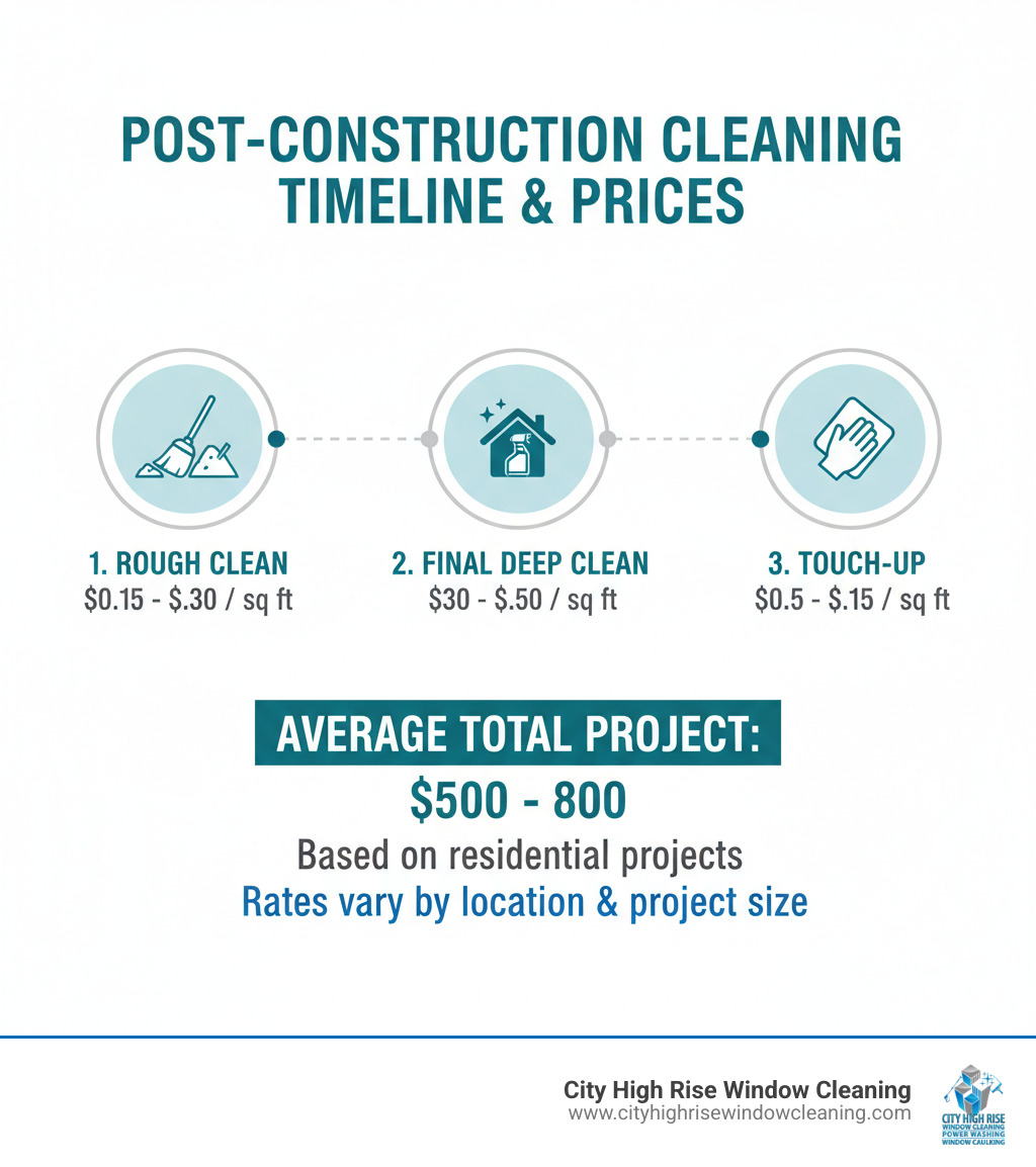 Infographic showing 3-phase post-construction cleaning timeline: rough clean, final deep clean, and touch-up with price Infographic showing 3-phase post-construction cleaning timeline: rough clean, final deep clean, and touch-up with price