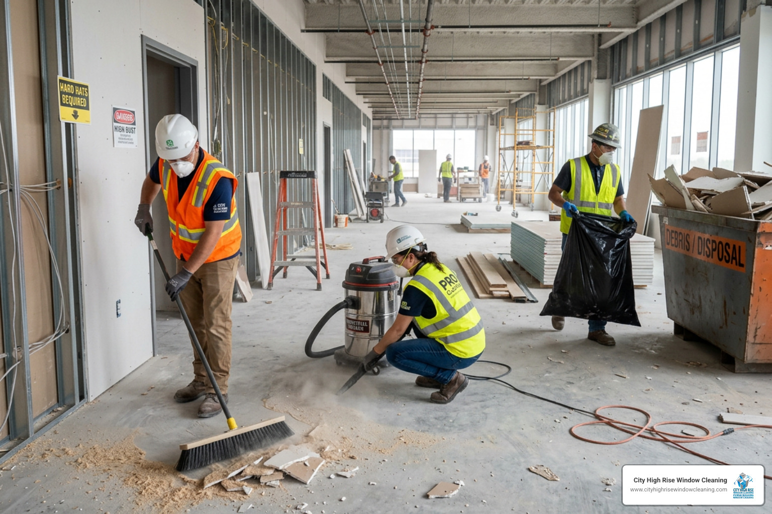 Professional cleaners removing heavy debris and dust from a construction site - post construction cleaning prices Professional cleaners removing heavy debris and dust from a construction site - post construction cleaning prices