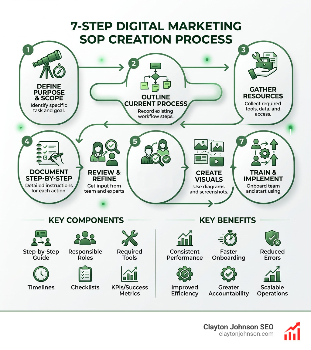 7-step digital marketing SOP creation process with key components and benefits infographic - digital marketing sop templates