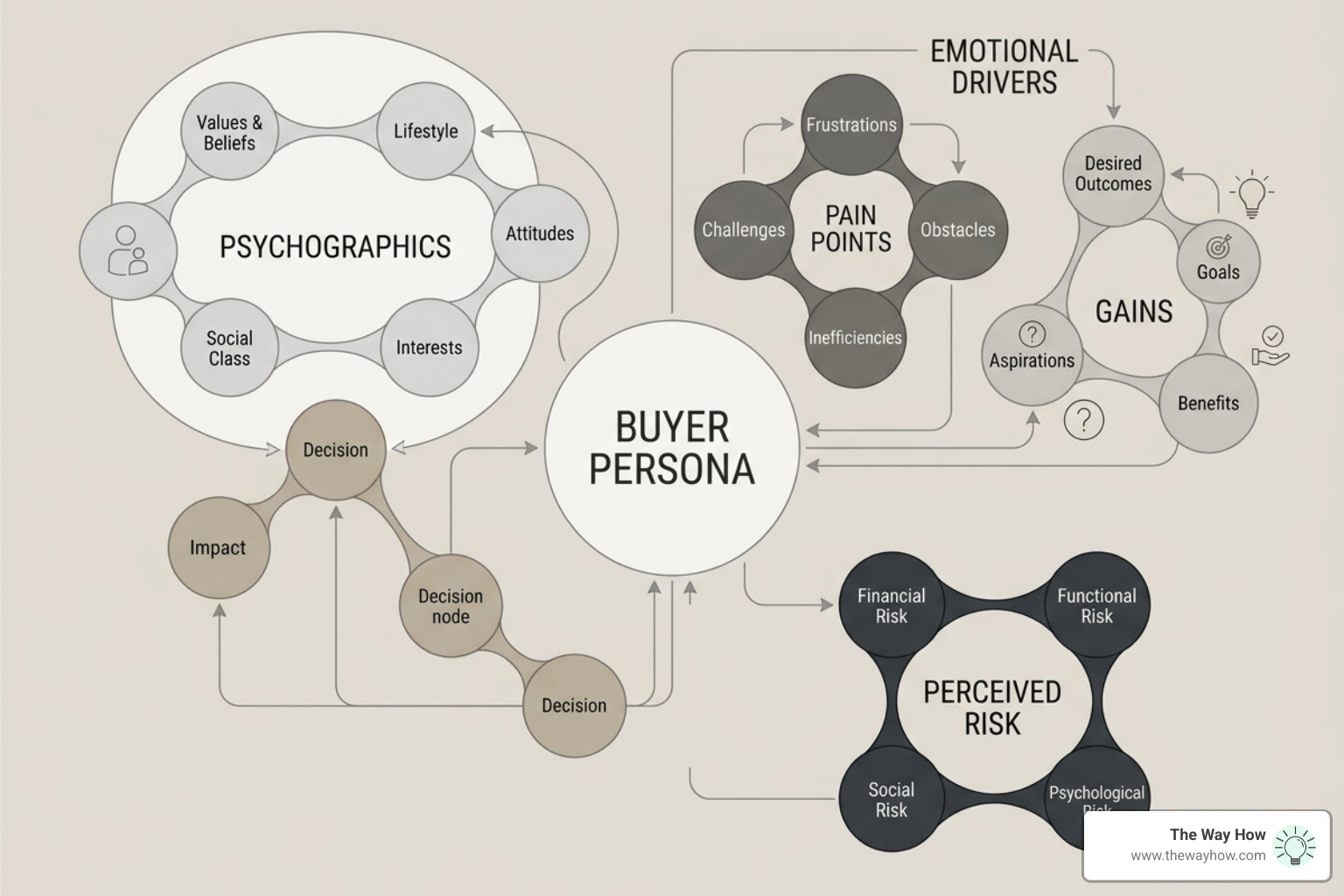 Conceptual visual of a buyer persona framework focusing on psychographics and emotional drivers - digital marketing plan for