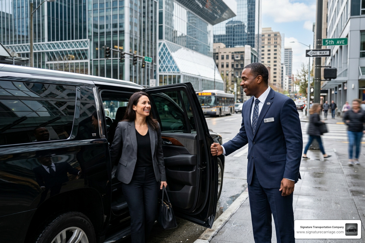 Professional chauffeur in a suit greeting a client with a smile and opening a luxury SUV door - reliable limo service seattle Professional chauffeur in a suit greeting a client with a smile and opening a luxury SUV door - reliable limo service seattle