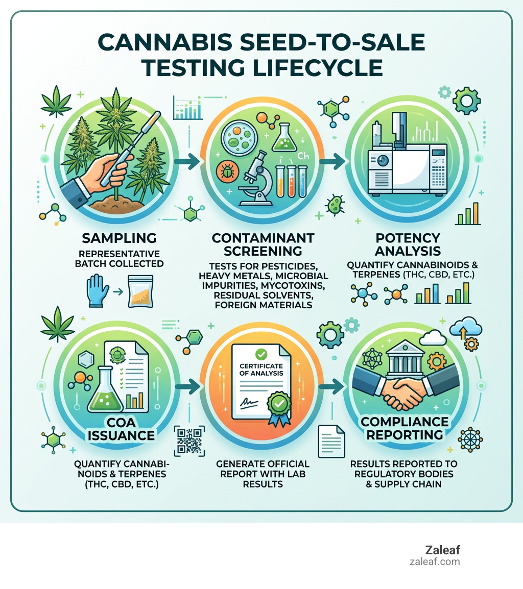 Infographic showing the seed-to-sale cannabis testing lifecycle including sampling, contaminant screening, potency analysis Infographic showing the seed-to-sale cannabis testing lifecycle including sampling, contaminant screening, potency analysis