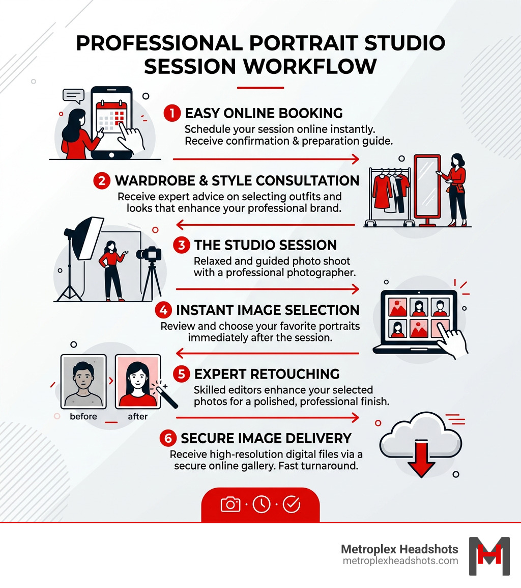 Portrait studio session workflow infographic showing steps from booking to image delivery - professional portrait studio