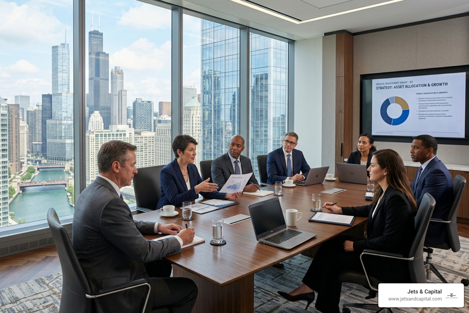 A modern corporate boardroom where private investment group leaders discuss strategy - Private investment groups A modern corporate boardroom where private investment group leaders discuss strategy - Private investment groups