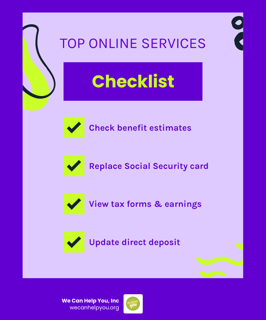 Infographic showing top Social Security online services: benefit estimates, card replacement, tax forms, application status Infographic showing top Social Security online services: benefit estimates, card replacement, tax forms, application status