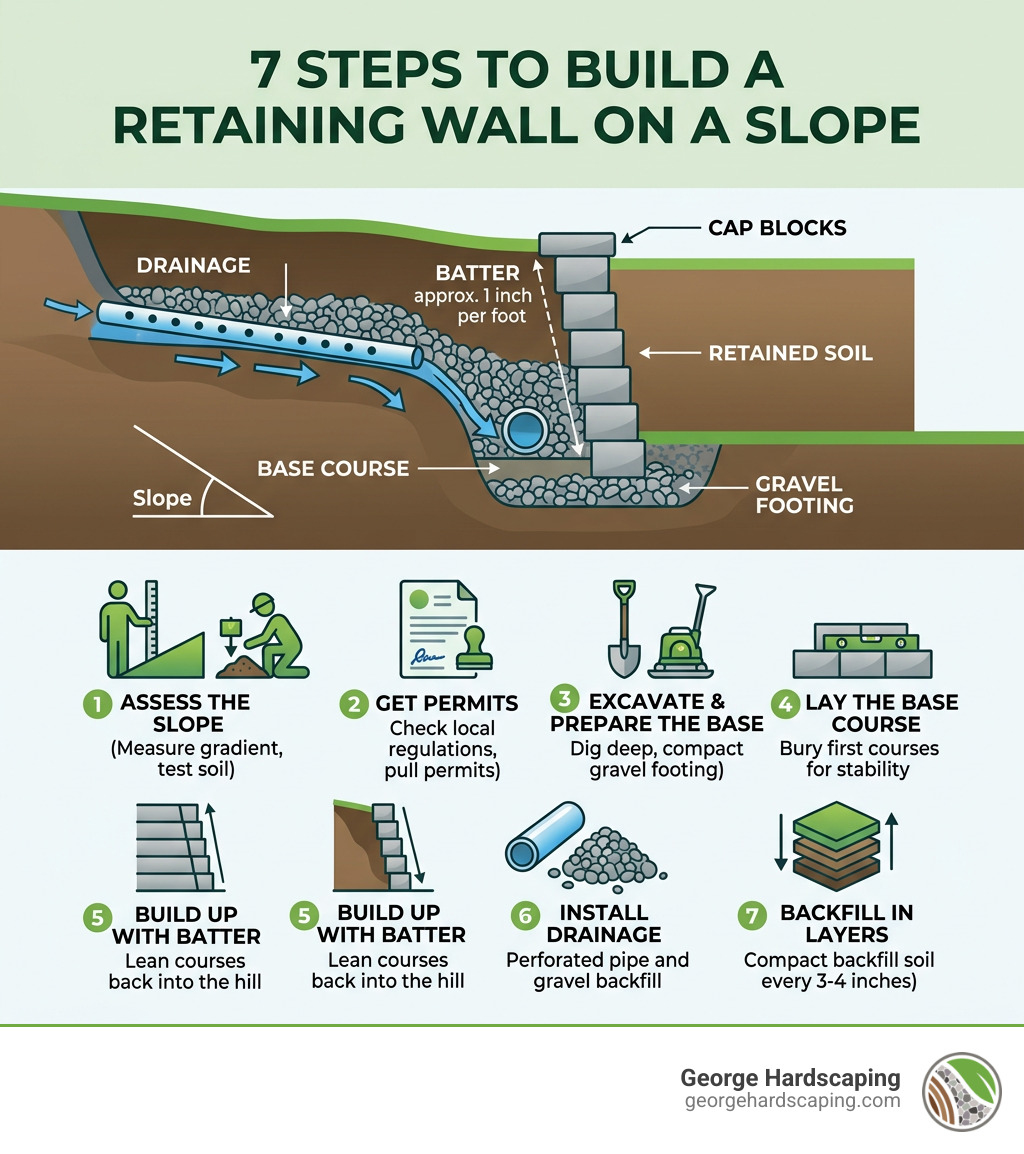 Infographic showing 7 steps to build a retaining wall on a slope with drainage and batter diagram - build a retaining wall Infographic showing 7 steps to build a retaining wall on a slope with drainage and batter diagram - build a retaining wall