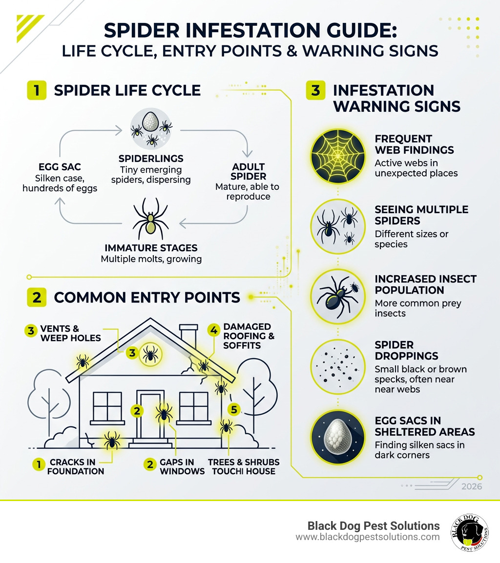 Spider life cycle, common entry points, and infestation warning signs infographic - Best spider exterminator infographic Spider life cycle, common entry points, and infestation warning signs infographic - Best spider exterminator infographic