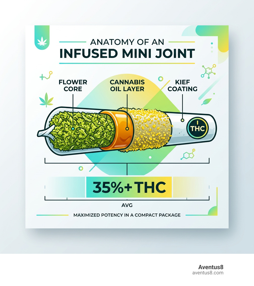 Anatomy of an infused mini joint showing flower core, cannabis oil layer, and kief coating with THC percentage - infused Anatomy of an infused mini joint showing flower core, cannabis oil layer, and kief coating with THC percentage - infused