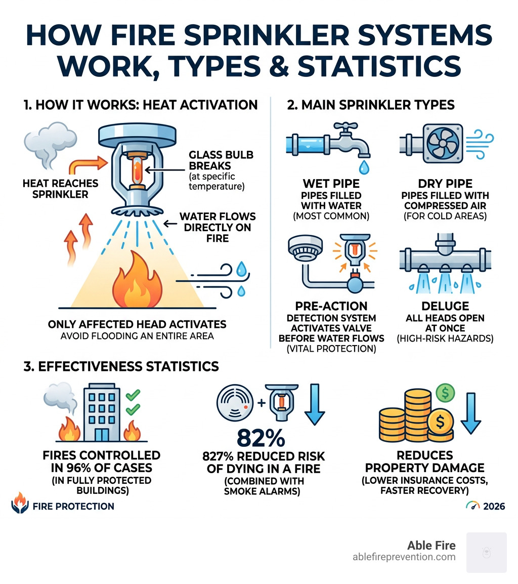 How fire sprinkler systems work, types, and key effectiveness statistics infographic - fire sprinkler systems infographic How fire sprinkler systems work, types, and key effectiveness statistics infographic - fire sprinkler systems infographic