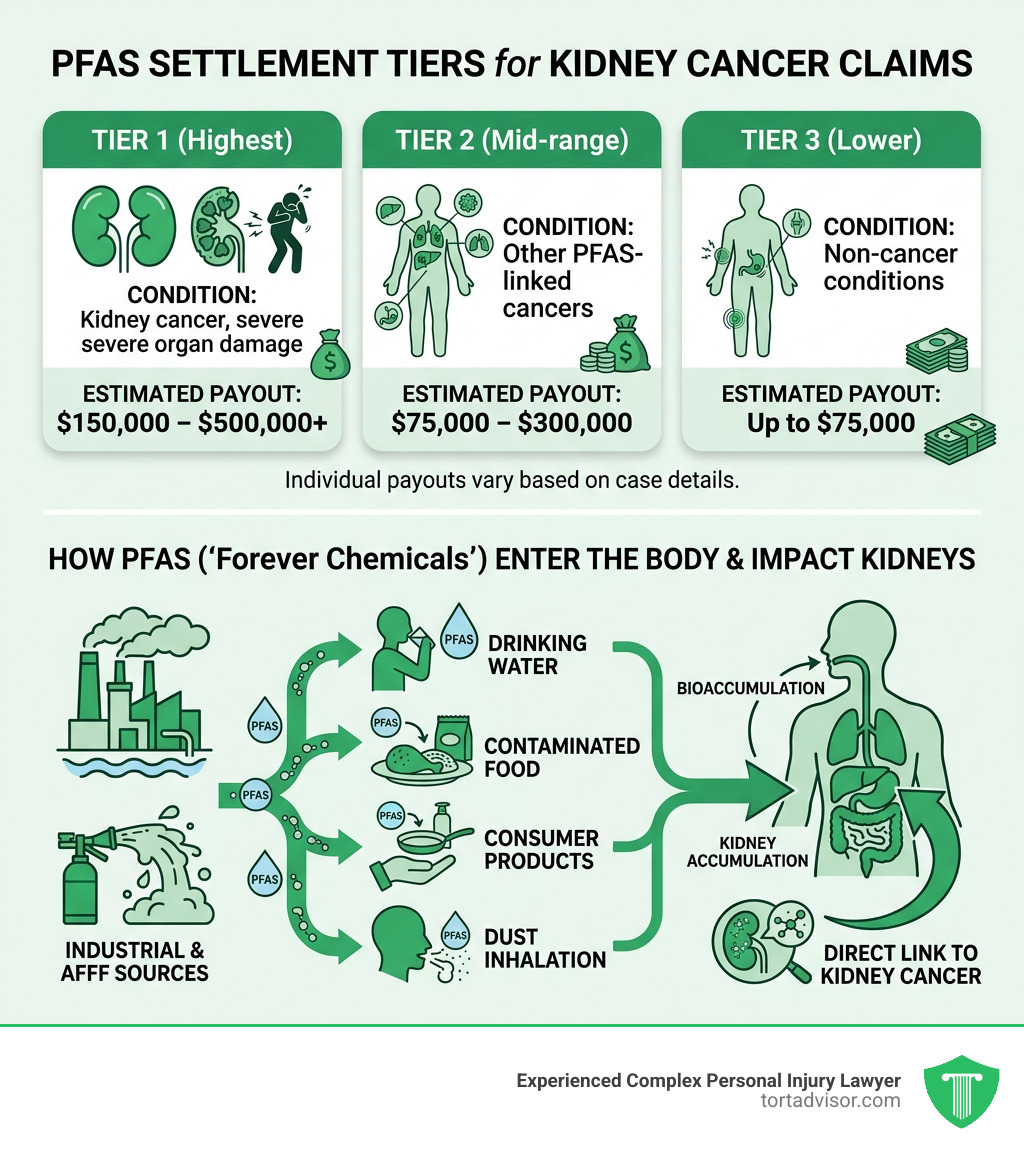 Infographic showing PFAS settlement tiers for kidney cancer claims and how PFAS enters the body - pfas lawsuit settlement Infographic showing PFAS settlement tiers for kidney cancer claims and how PFAS enters the body - pfas lawsuit settlement