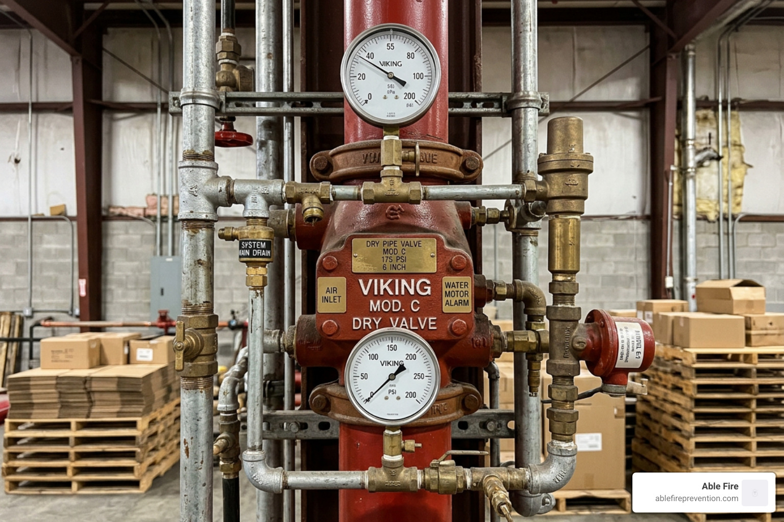 A dry pipe valve assembly showing the complex pressure gauges and valves - fire sprinkler systems A dry pipe valve assembly showing the complex pressure gauges and valves - fire sprinkler systems