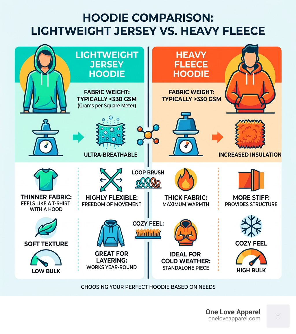 infographic comparing heavy fleece vs lightweight jersey hoodie features and fabric weights - Lightweight soft hoodie