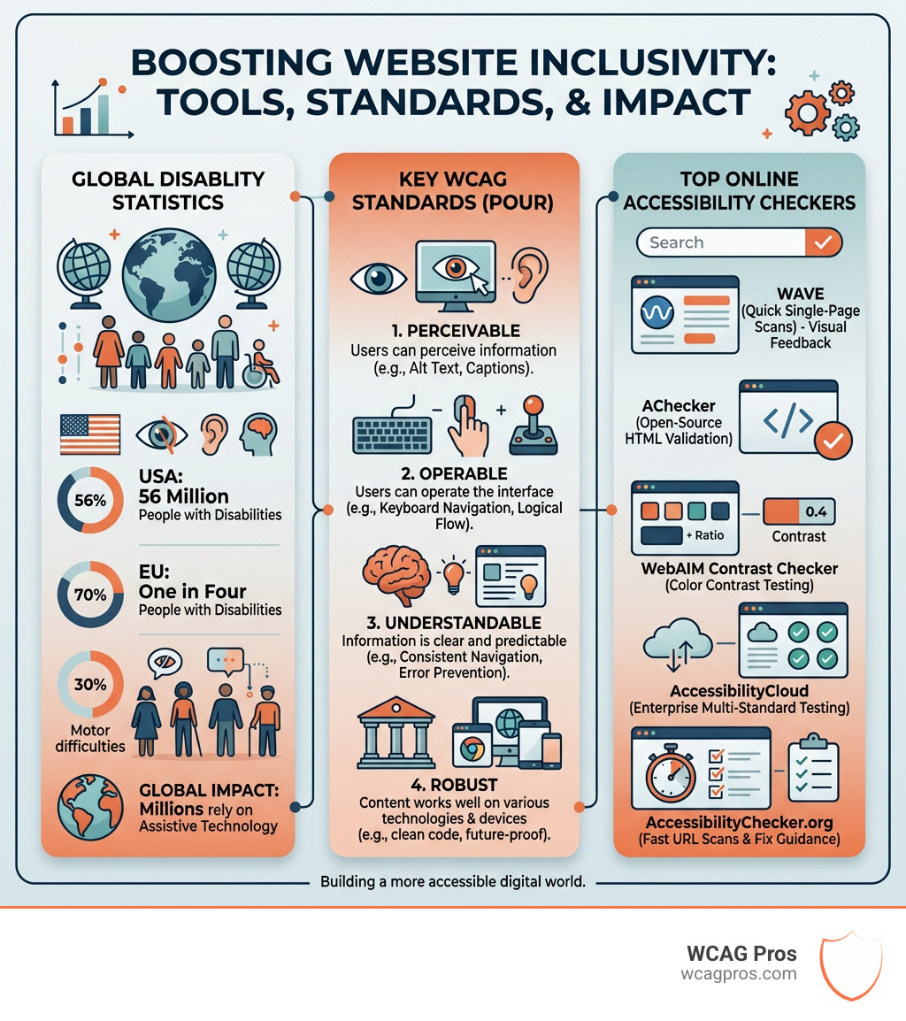 Infographic showing top online accessibility checkers, key WCAG standards, and global disability statistics online Infographic showing top online accessibility checkers, key WCAG standards, and global disability statistics online