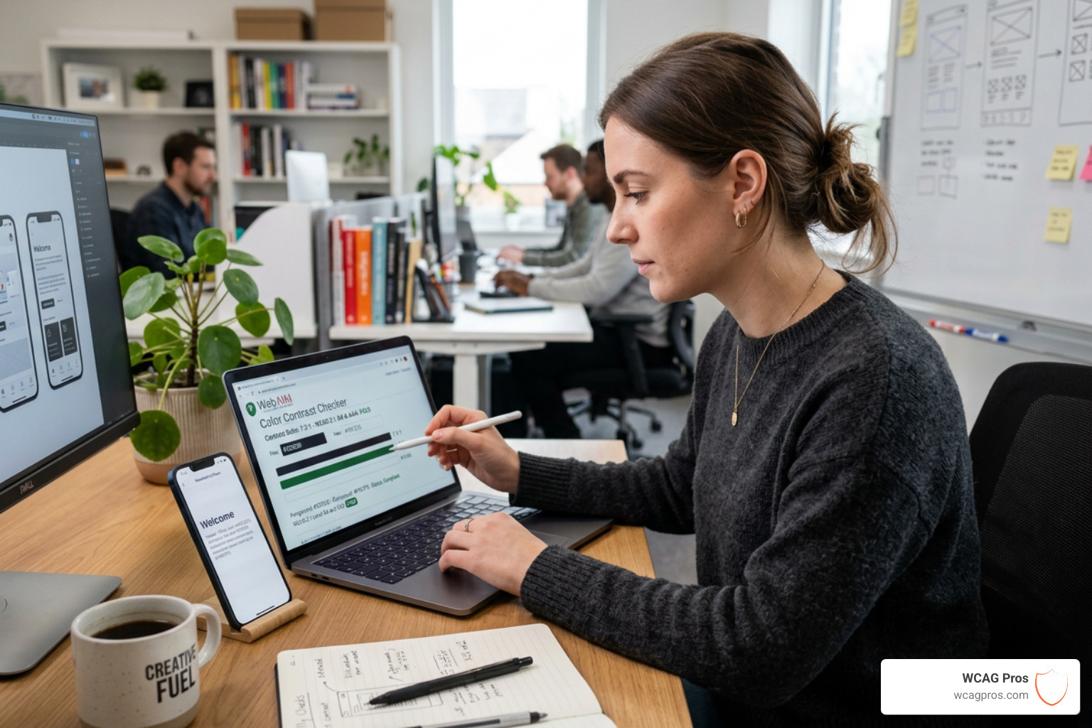 Designer using a color contrast tool to verify text readability on a mobile interface online accessibility checker Designer using a color contrast tool to verify text readability on a mobile interface online accessibility checker