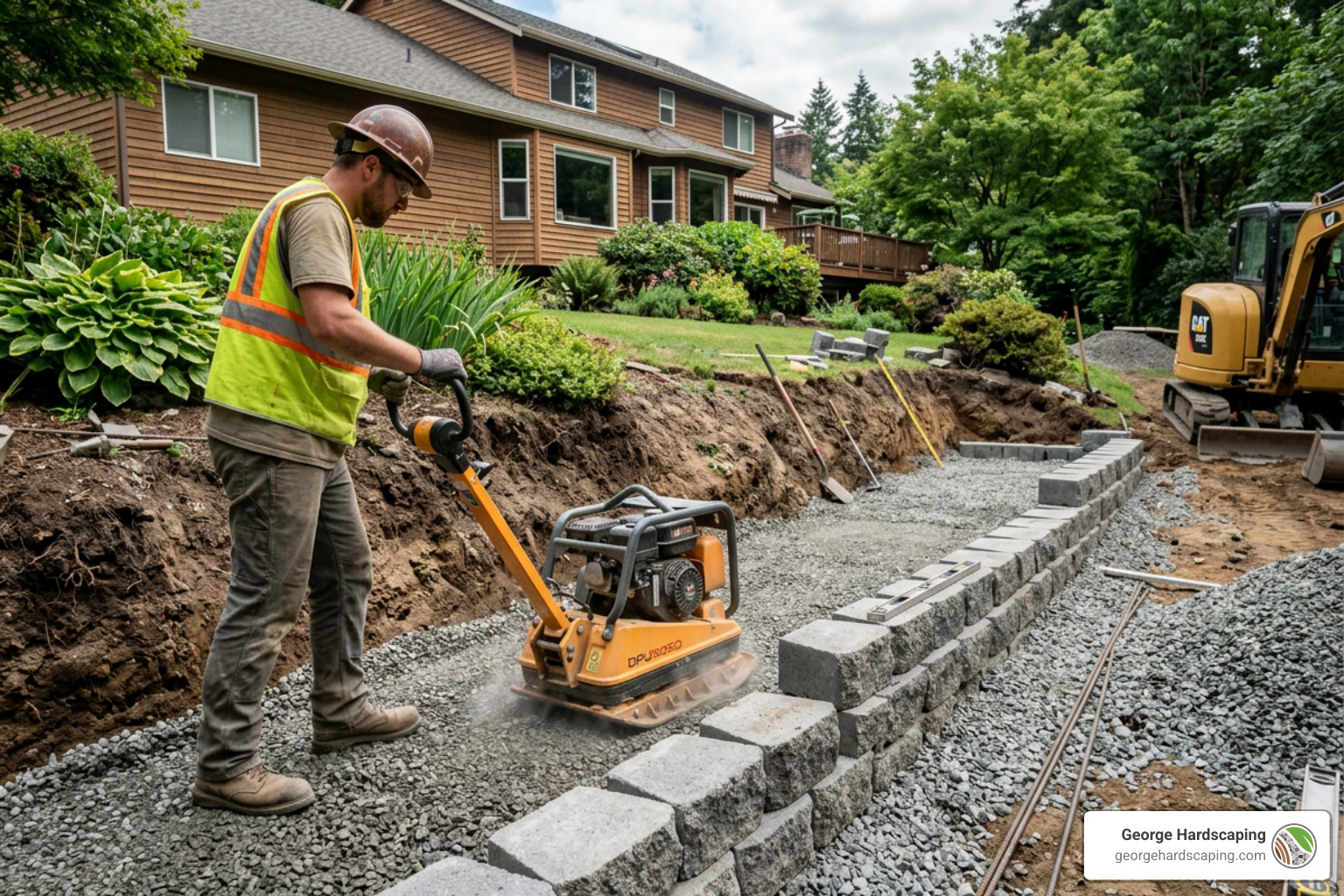 A worker using a plate compactor on a gravel base for a new retaining wall. - build a retaining wall on a slope A worker using a plate compactor on a gravel base for a new retaining wall. - build a retaining wall on a slope