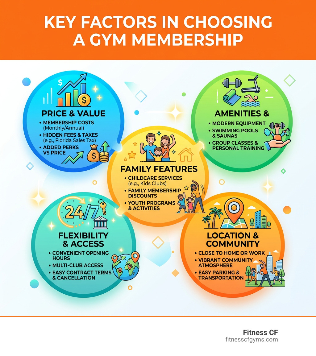 Infographic showing key factors in choosing a gym membership: price, amenities, family features, flexibility, and location Infographic showing key factors in choosing a gym membership: price, amenities, family features, flexibility, and location