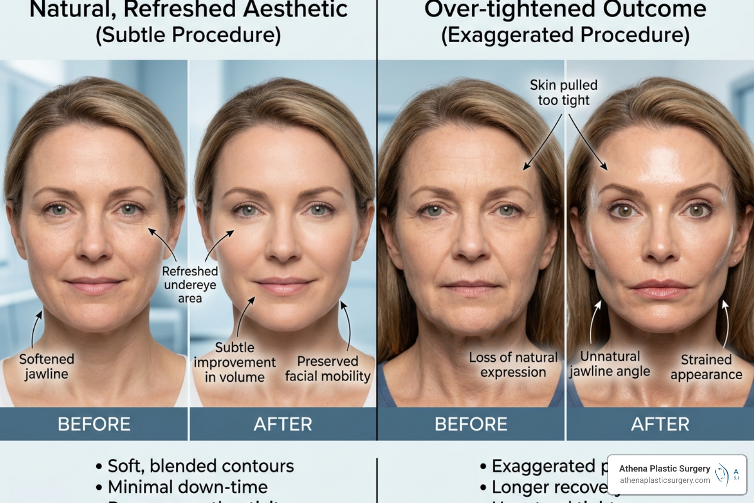 Graphic showing the difference between subtle, natural results and over-tightened surgical outcomes - plastic surgeon in Graphic showing the difference between subtle, natural results and over-tightened surgical outcomes - plastic surgeon in