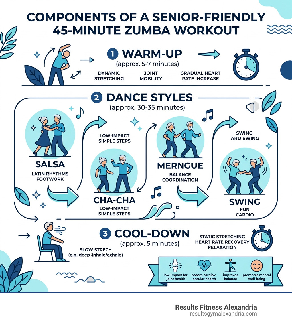 Infographic: components of a senior-friendly 45-minute Zumba dance workout including warm-up, dance styles, cool-down - 45 Infographic: components of a senior-friendly 45-minute Zumba dance workout including warm-up, dance styles, cool-down - 45