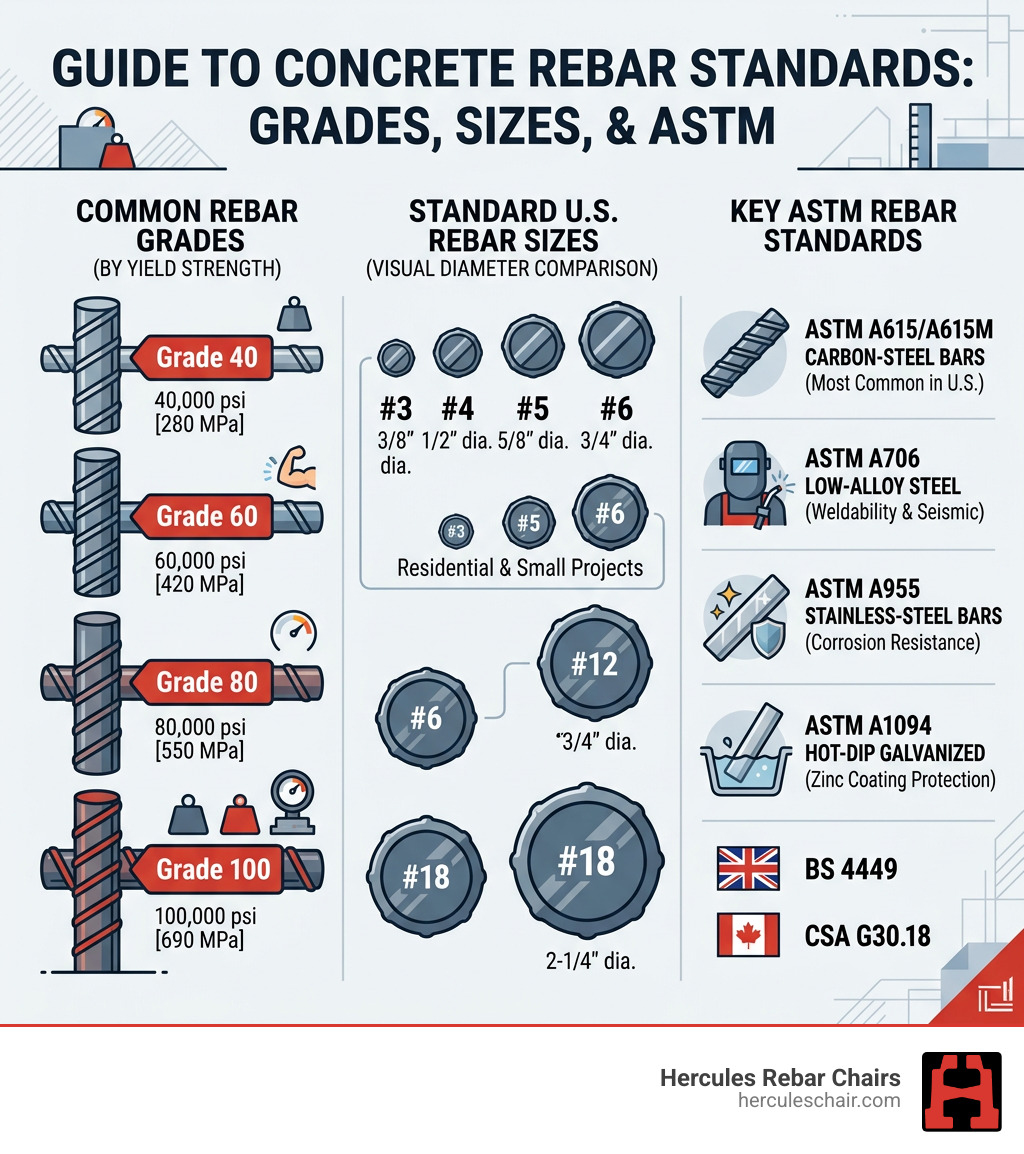 Infographic showing rebar grades, common sizes, and ASTM standards for concrete reinforcement - concrete rebar standards Infographic showing rebar grades, common sizes, and ASTM standards for concrete reinforcement - concrete rebar standards
