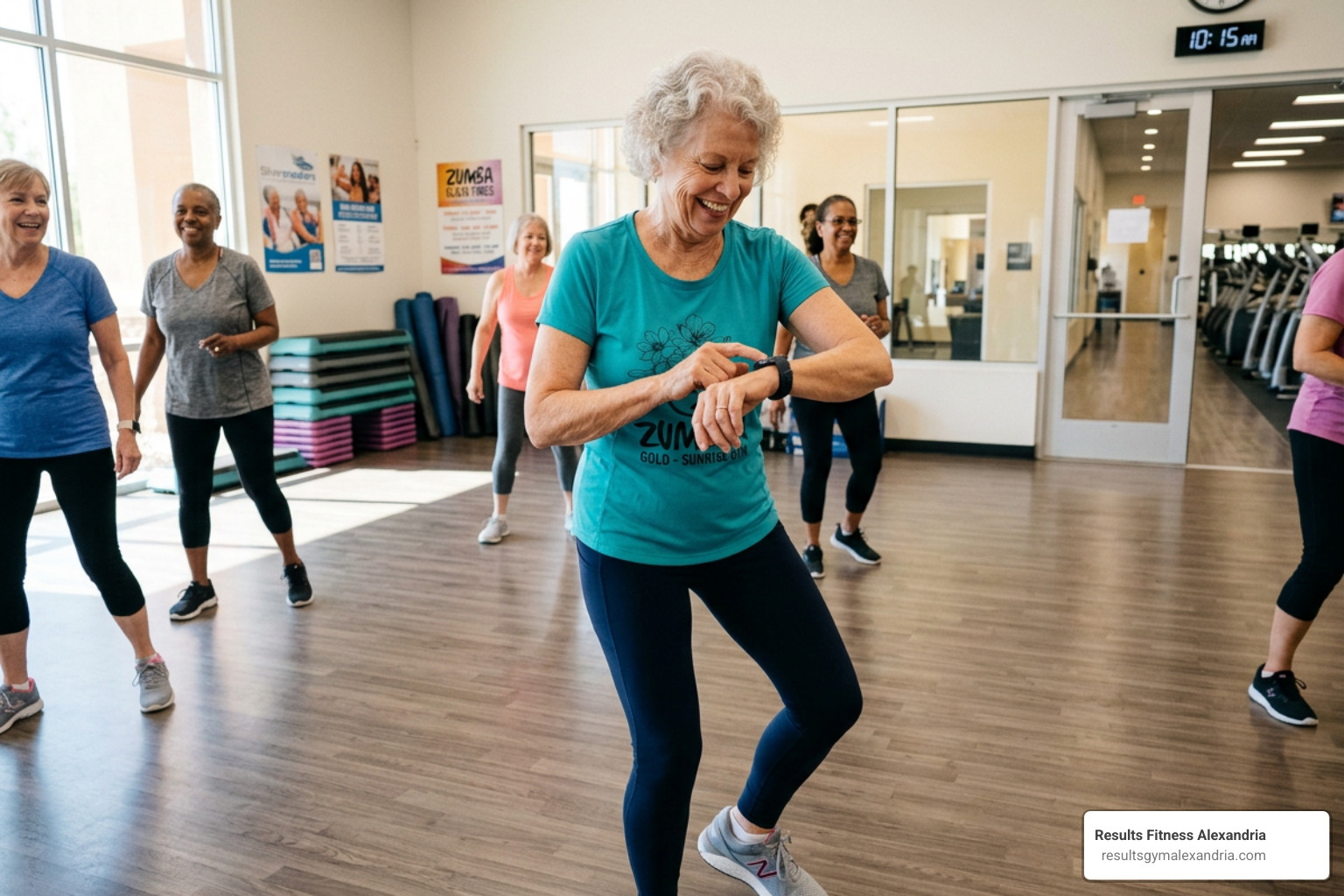 Senior tracking their heart rate during a workout session - 45 minute zumba for seniors Senior tracking their heart rate during a workout session - 45 minute zumba for seniors