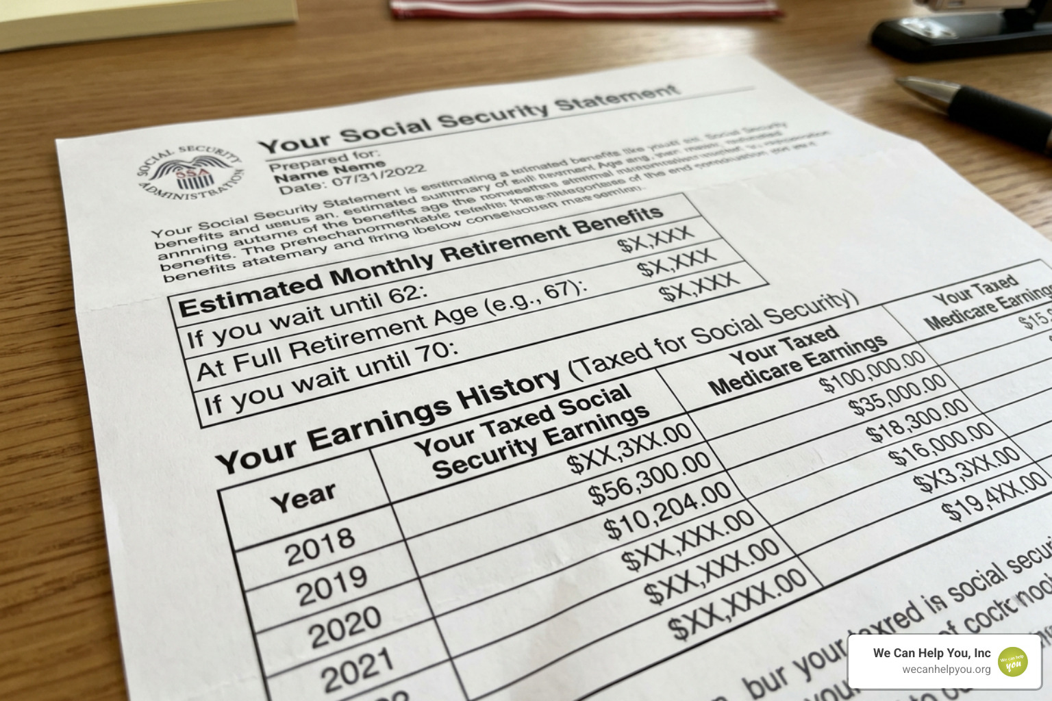 A Social Security Statement showing earnings history and estimated monthly benefits - social security info online A Social Security Statement showing earnings history and estimated monthly benefits - social security info online