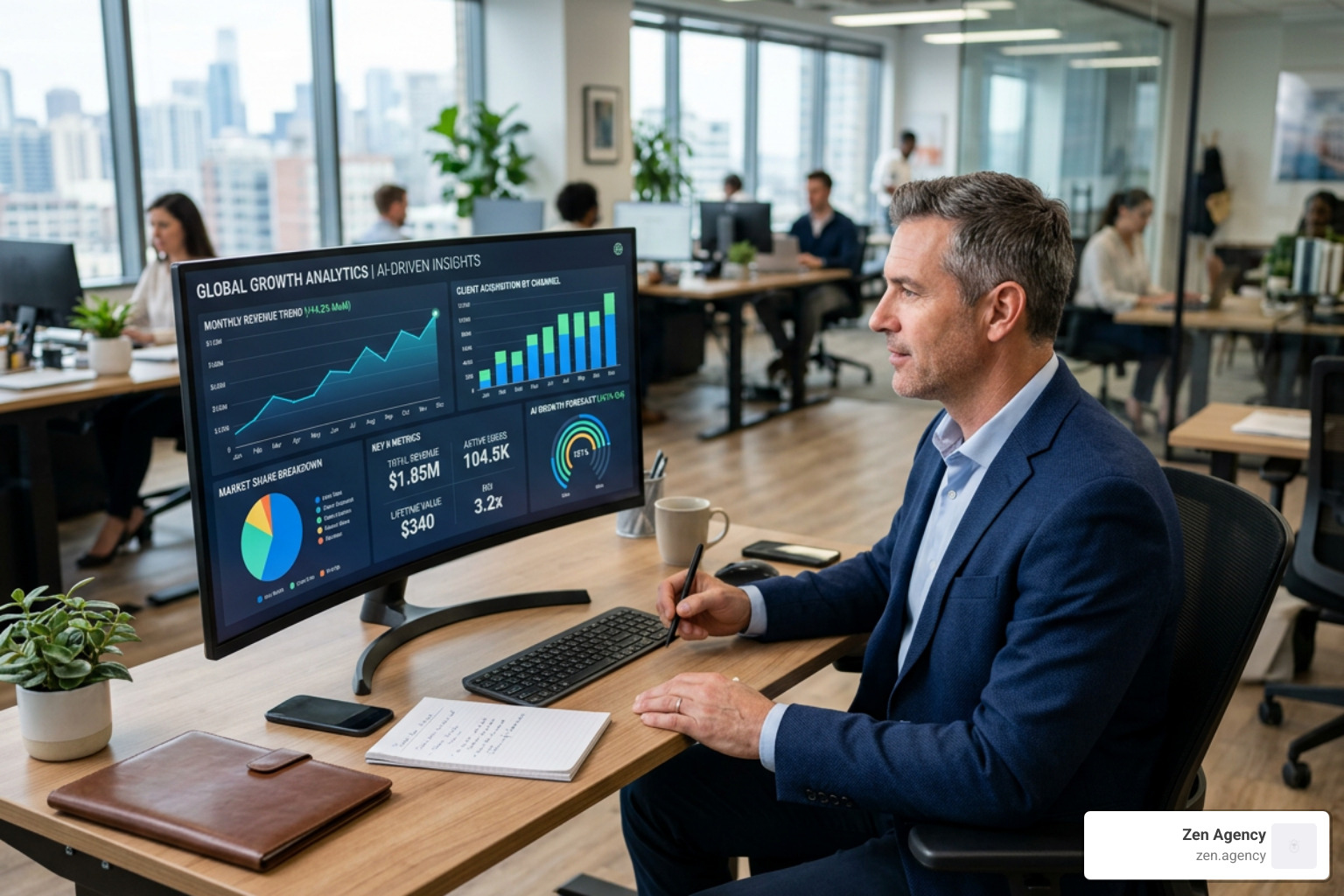A business owner viewing a digital dashboard showing AI-driven growth metrics - Business growth strategies A business owner viewing a digital dashboard showing AI-driven growth metrics - Business growth strategies