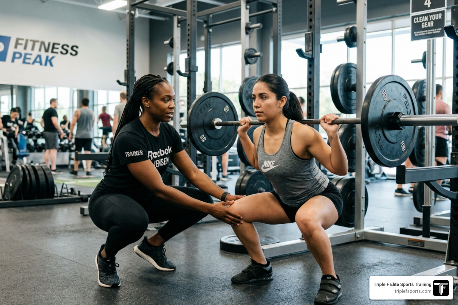 A professional trainer correcting a client's squat form to ensure safety and depth - 1 on 1 fitness coaching A professional trainer correcting a client's squat form to ensure safety and depth - 1 on 1 fitness coaching