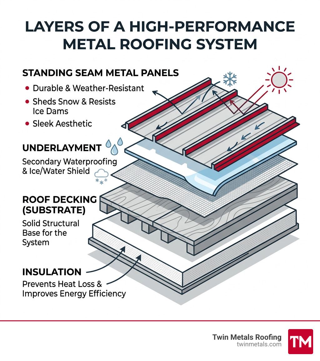 Layers of a high-performance metal roofing system showing panels, underlayment, decking, and insulation - Metal roof Layers of a high-performance metal roofing system showing panels, underlayment, decking, and insulation - Metal roof