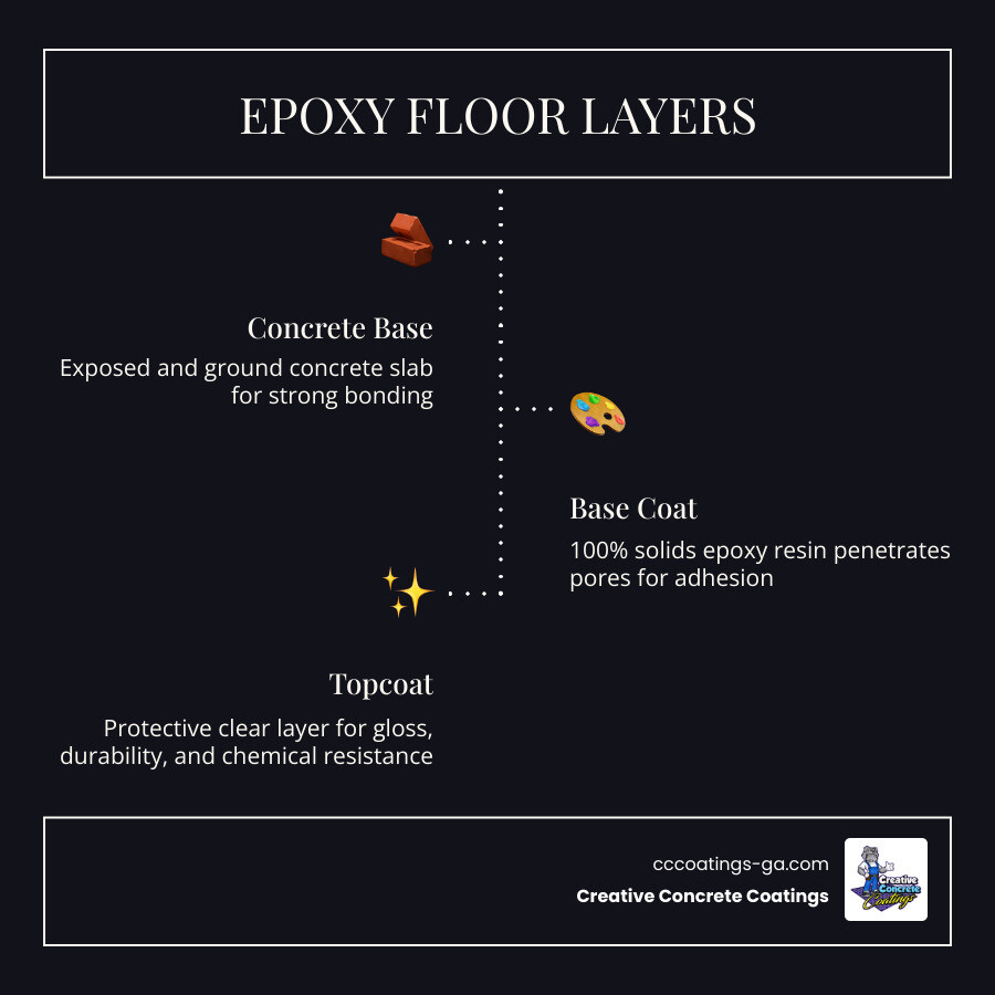 Infographic showing the layers of a professional epoxy floor system from concrete base to topcoat - epoxy resin floor near Infographic showing the layers of a professional epoxy floor system from concrete base to topcoat - epoxy resin floor near