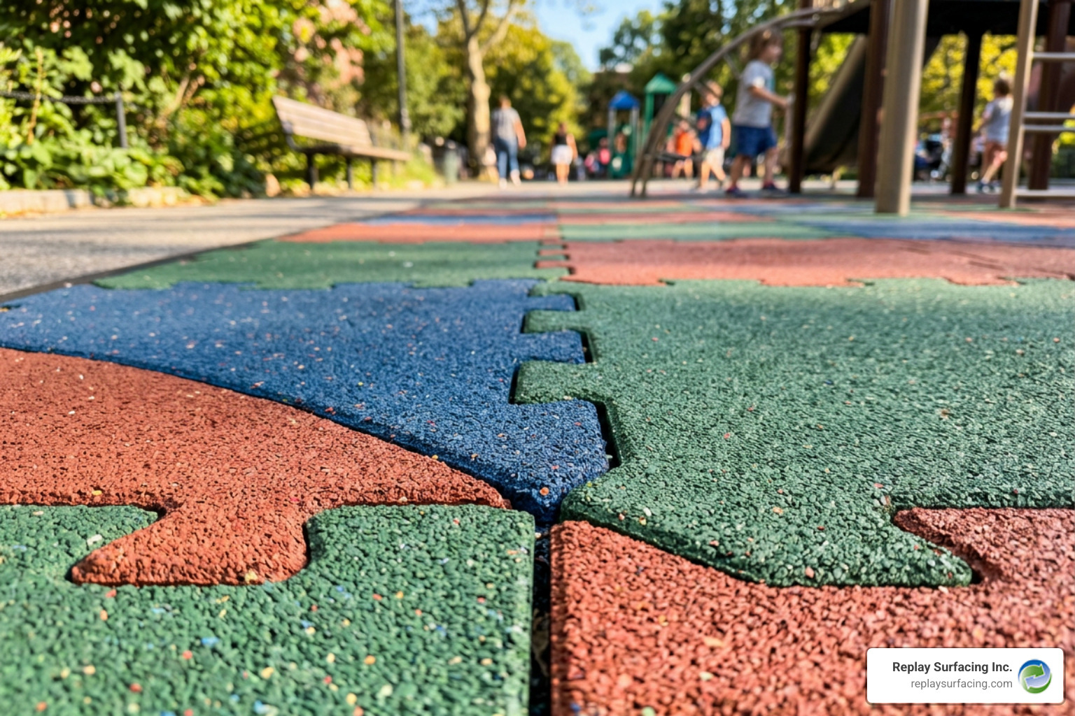 Various tile color options including forest green, terra cotta, and blue ember arranged in a pattern - best playground tiles